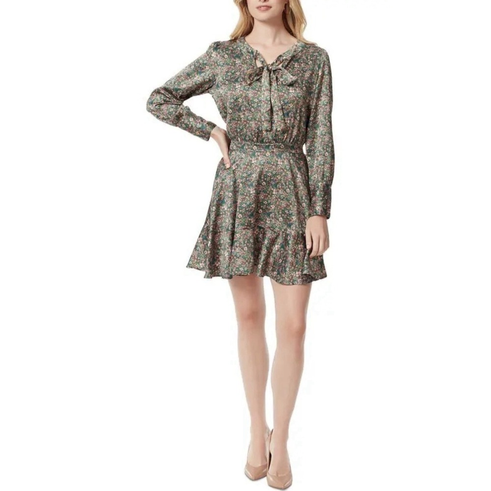 Jessica Simpson Women's Davina Floral-Print Tie-Neck Mini Dress Small New $110